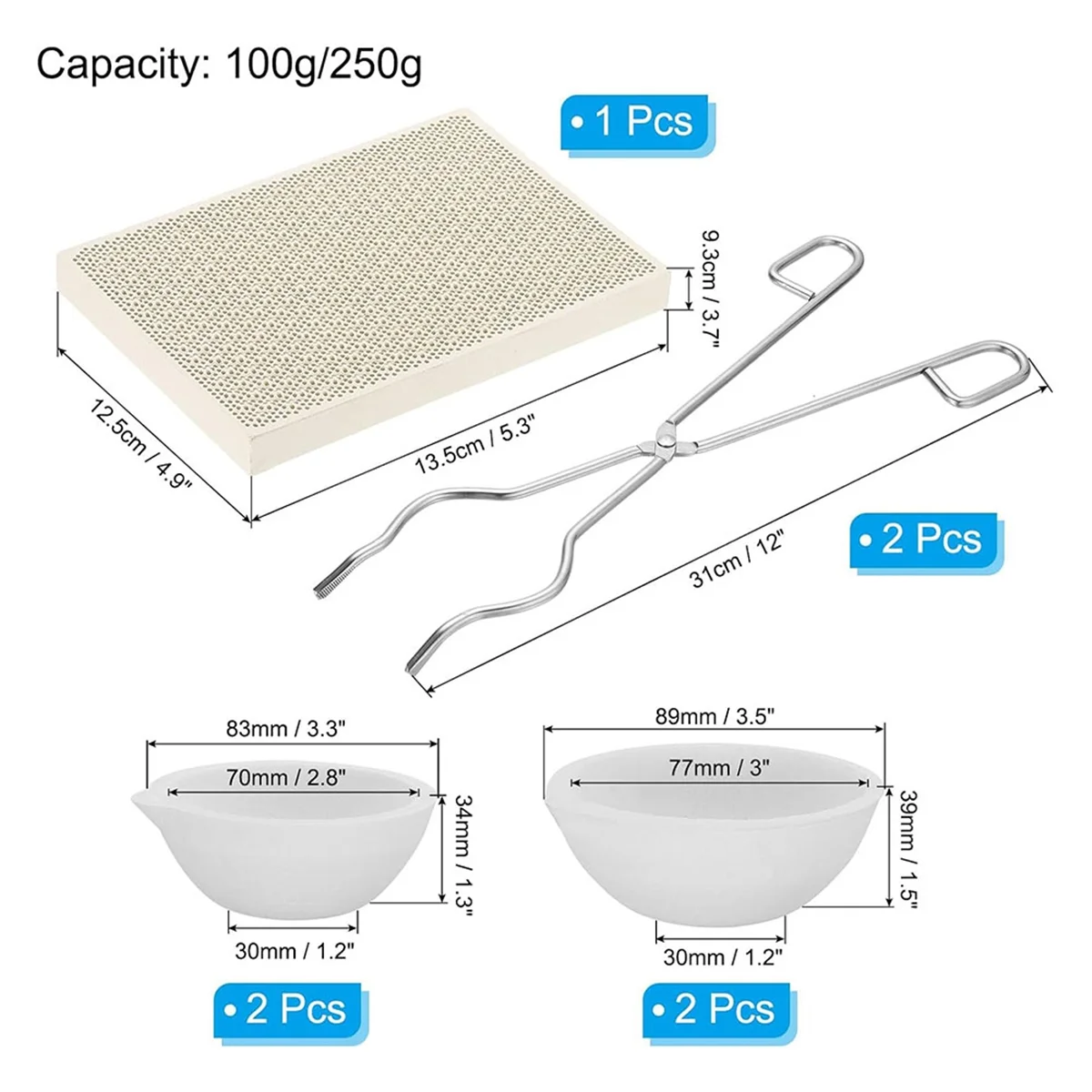 100g 250g Crucibles for Melting,Crucibles Kit Included Small Quartz Ceramic Crucible Bowl,Tongs Handle & Soldering Board