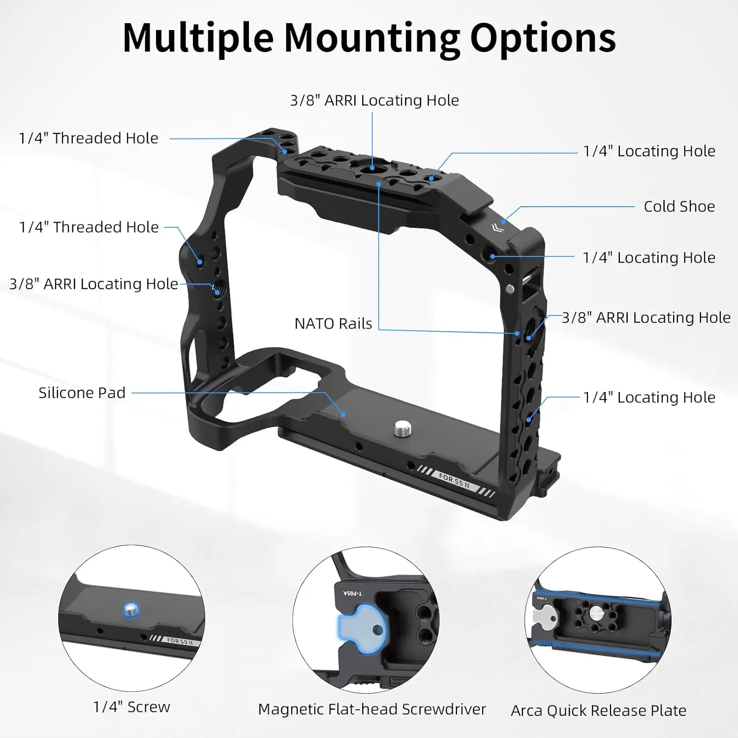 Nitze Cage Kit for Panasonic LUMIX S5 II Camera with NATO Handle, HDMI/USB-C Cable Clamp and Built-in Arca QR Plate T-P05C