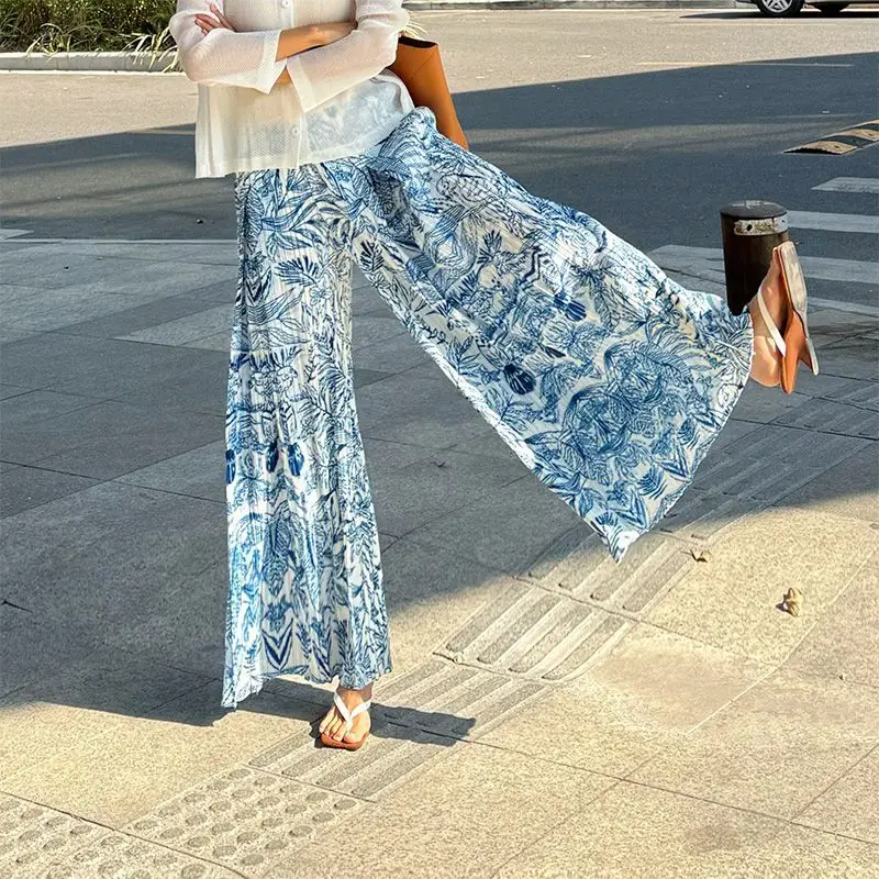 Pantalones con estampado de porcelana blanca y azul, pantalones de pierna ancha holgados informales plisados, pantalones de tubo nuevos de estilo nacional de cintura alta para verano