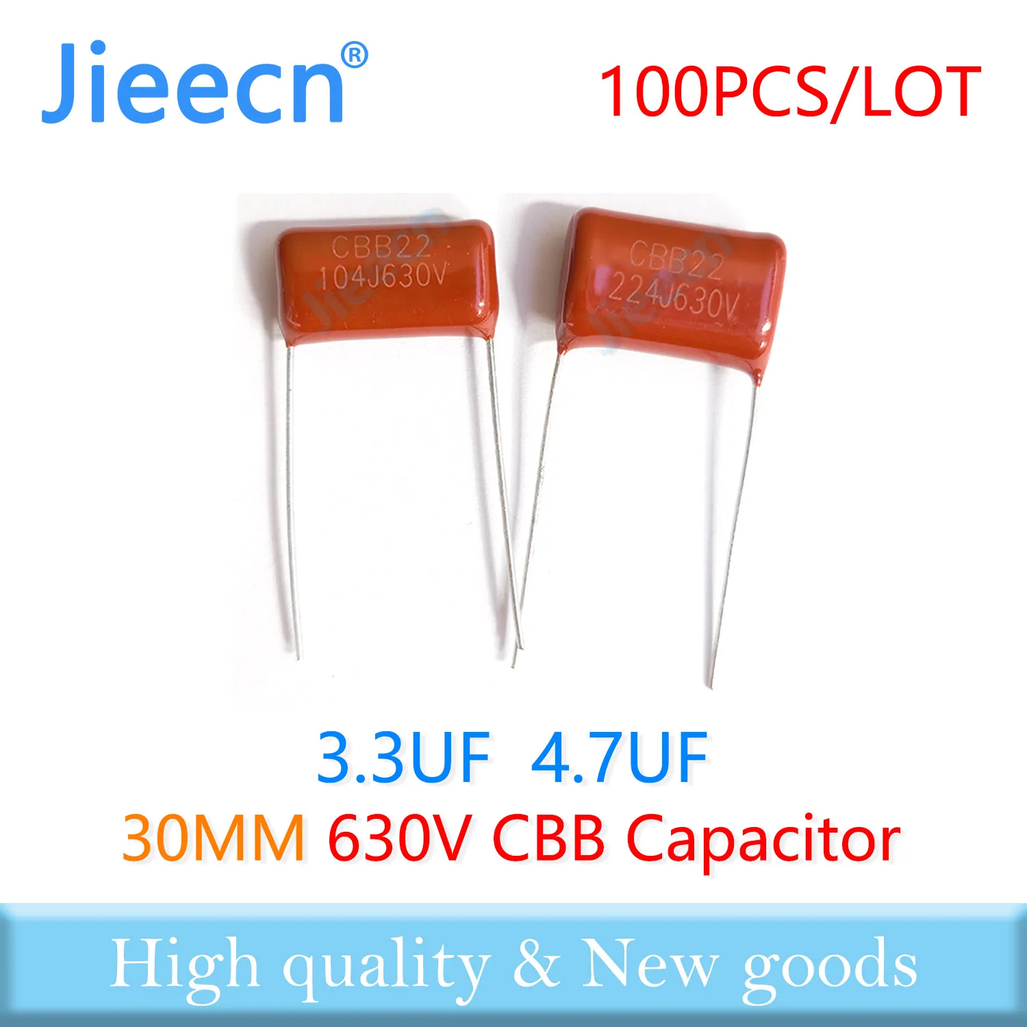 

Jieecn 100PCS 630V 30MM 3.3UF 4.7UF 335J 475J CBB Polypropylene Film Capacitor High Quality