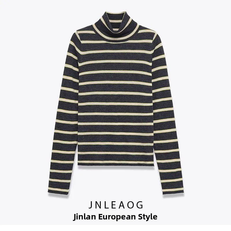 Faionable Ultradünne gestreifte Strickwaren JNLEAOG Damen SLE Herbst Neuankömmling Weiches Polyester Langes Sve Oberteil mit hohem Kragen