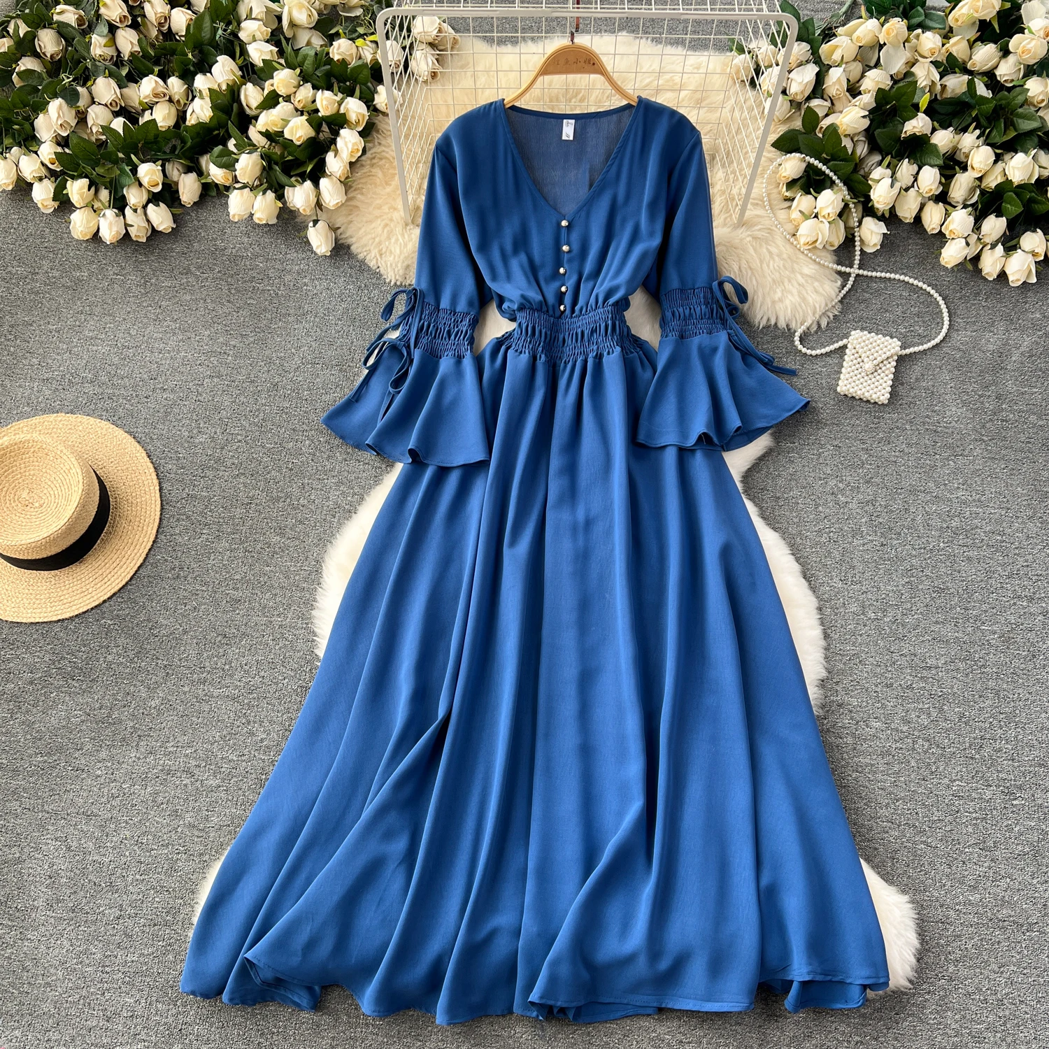 Vintage Elegant Pleated V-neck lare Sleeve Print Dress A-line Fashion Beach Spring summer Vestidos Women Belt sweet Dresses