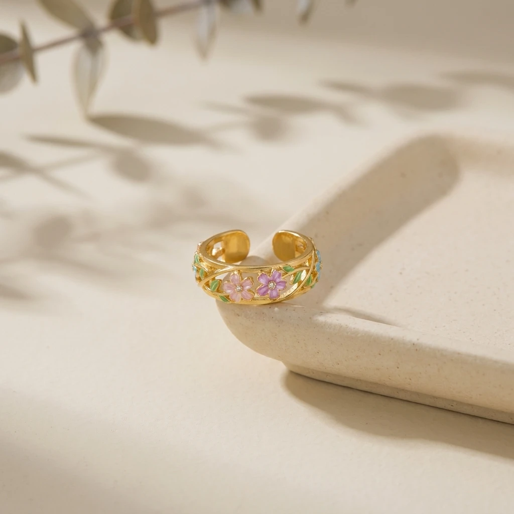 Vintage Bunter Blumen-Emaille Offener Ring für Frauen Kreativer Roter Strass Fingerring Exquisiter Charm Party-Schmuck Geschenke – Detail 7