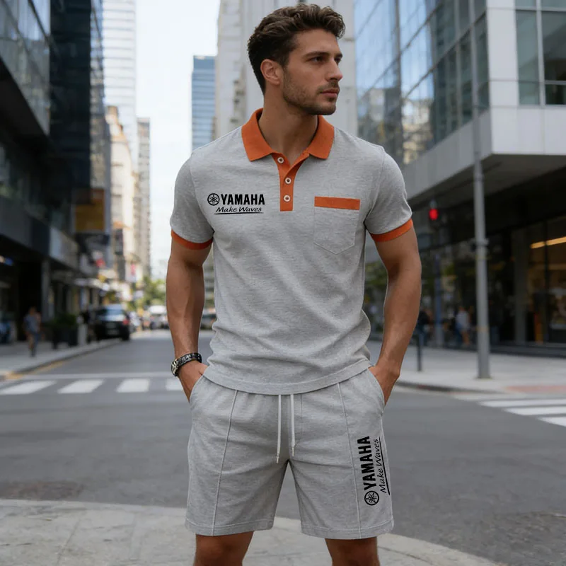 Yamaha Men's Multi-Color Waffle Knit Short Sleeve & Shorts Set, Casual Breathable Sweat-Absorbent Polo Outfit Daily Street Wear.