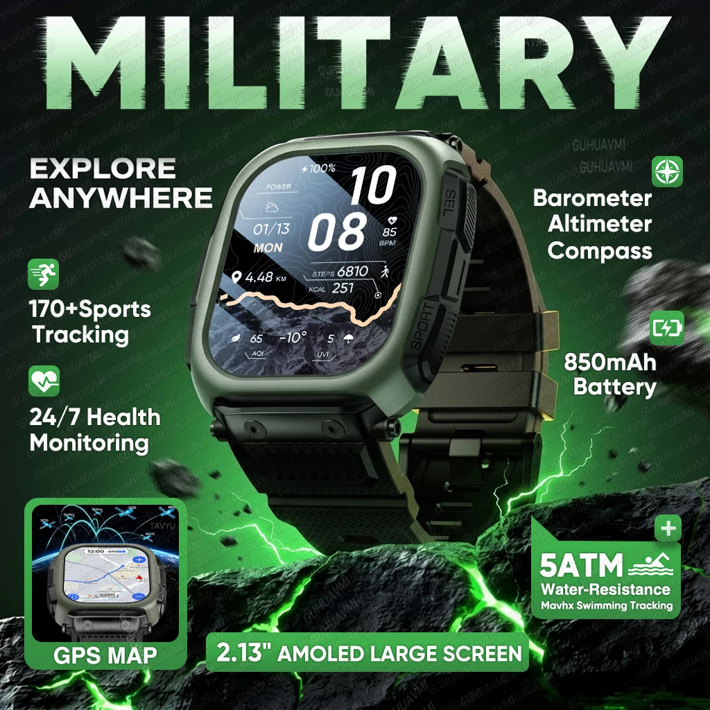 NEW Military GPS Map Smart Watch 2.13" AMOLED Screen Dual Band GNSS Compass 5ATM Waterproof 170+Sports Bluetooth Call Smartwatch