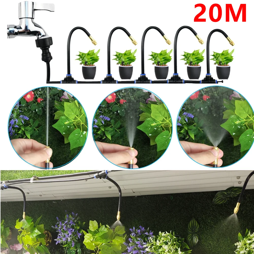 

20M Universal Automatic Irrigation Sprinkler Kits Garden Watering System With 360° Bendable Brass Nozzle For Greenhouse Garden