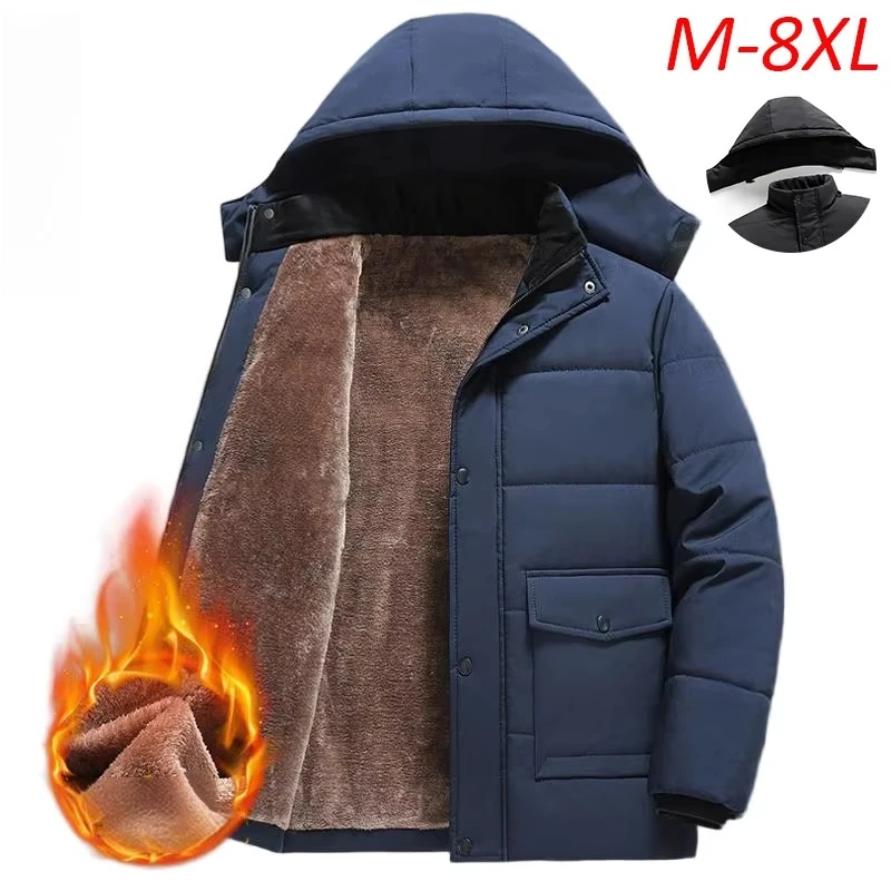 Men Casual Warm Detachable Hat Jacket Man Pocket Work Hike Jacket Parka Plus Size Winter Man Fleece Windproof Outdoor Jacket 8XL