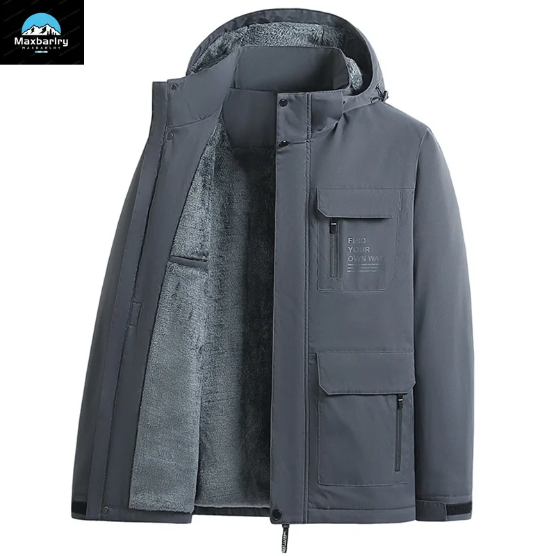 2023 Winter Men's Parka Fleece-lined Windproof Waterproof Cargo Jacket Men's Outdoor Warm Multi-pocket Detachable Hat Men's Coat