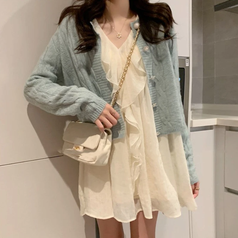Long Sleeve Dress Women Solid Elegant Princess Ruffles V-neck Ins Femme Basic Design Mini Popular Spring Chic Hot Sale Ulzzang