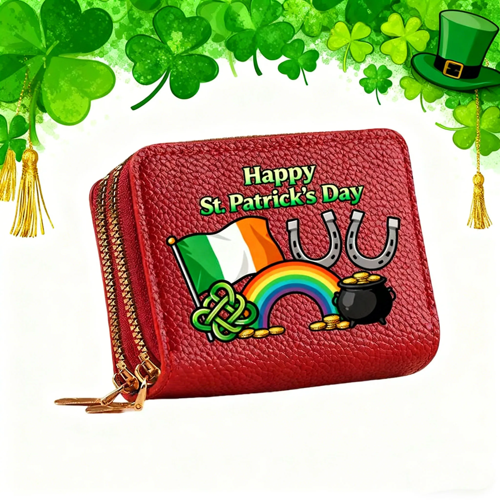 قطعة واحدة من محفظة النقود المعدنية العصرية بنمط عيد القديس باتريك بسحاب مزدوج للتخزين، حزمة بطاقات متعددة، محفظة بمقبض هدية العيد