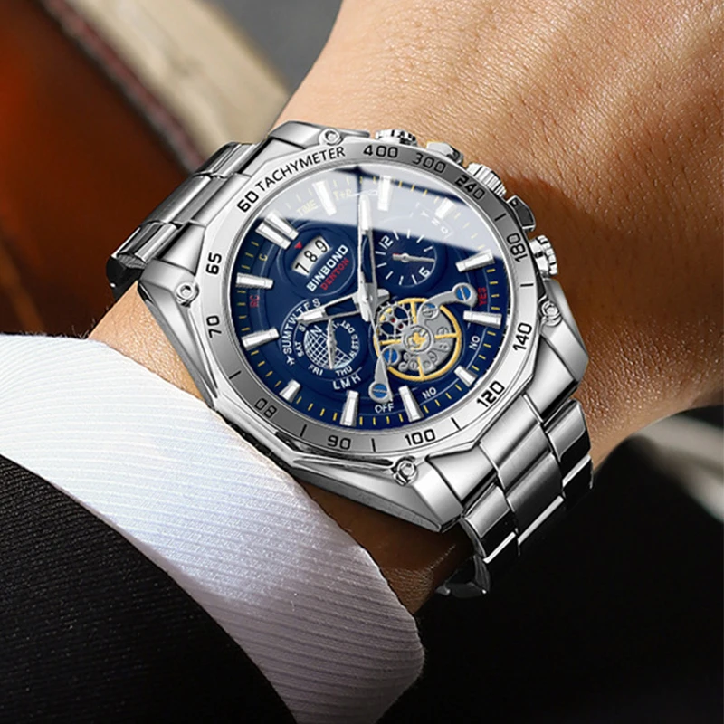 BINBOND Men\'s watches Casual Fashion Flywheel Style Original Quartz Wristwatch for Man Waterproof Stainless Steel Luminous Date