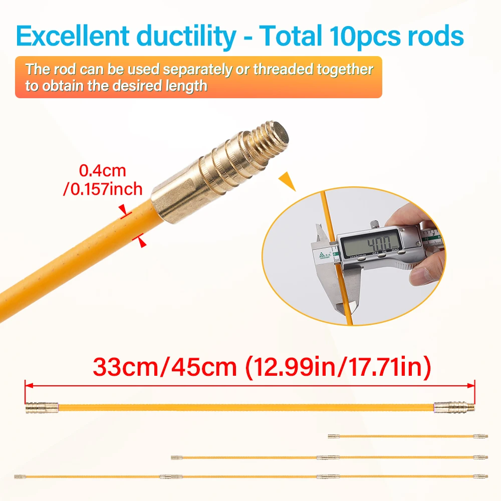 Extractor de Cable de fibra de vidrio, 10 Uds., Dia.4mm, 33/45cm, Kit de Cable de carrera, varillas de instalación de pared de Cable eléctrico, herramienta de cableado