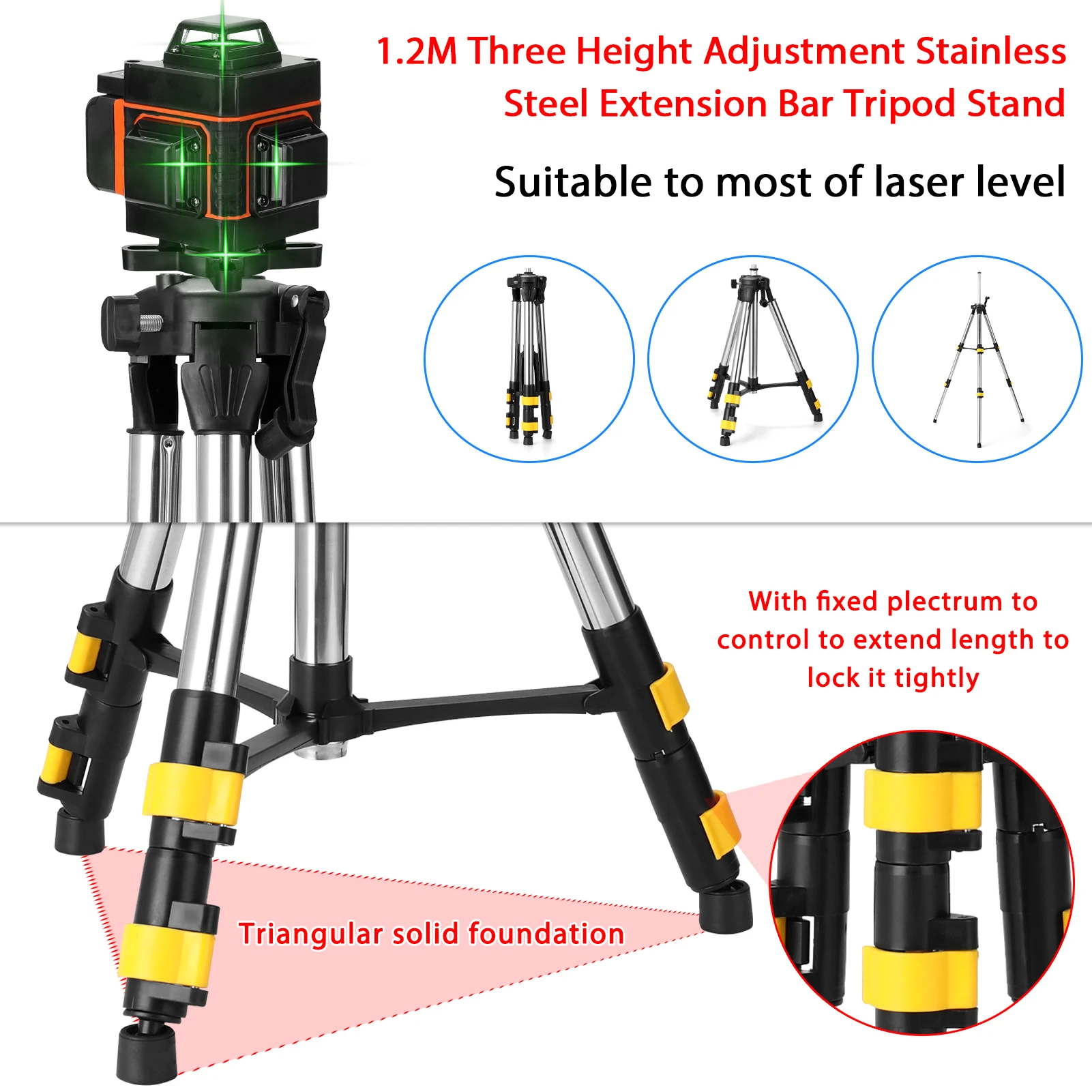 1.2M Stainless Steel Extension Bar Tripod Stand for Laser Level with 5/8inch to 1/4inch Adapter Three Height Adjustment Holder