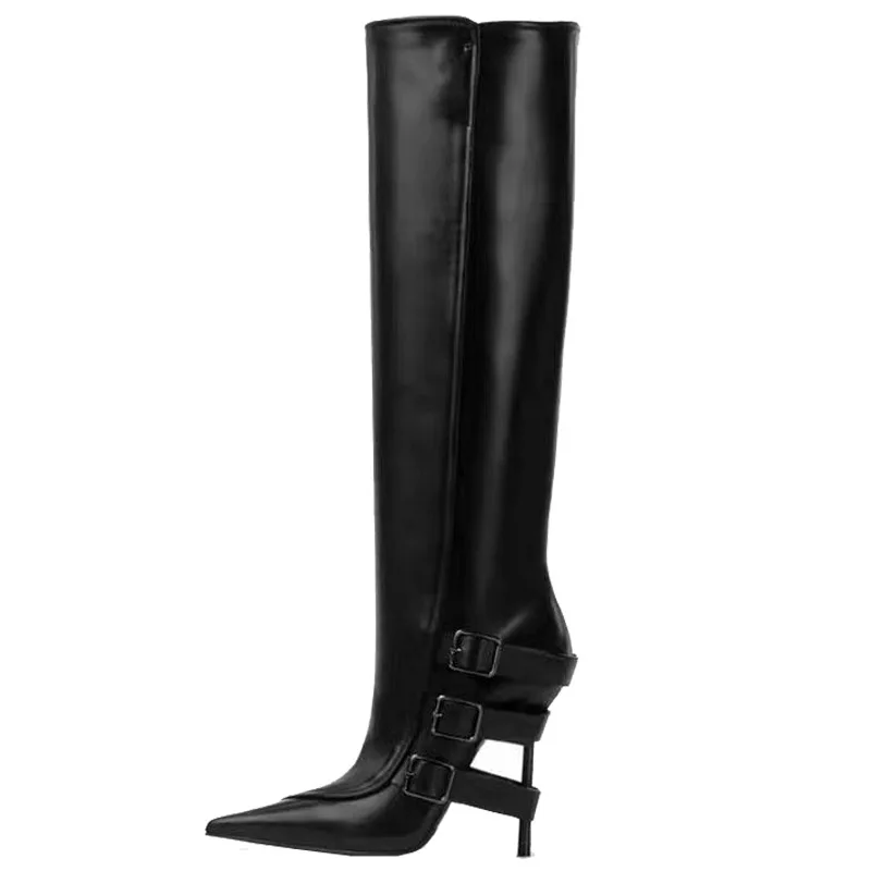 New Retro Metal Belt Buckle Knee-High Boots Women Pointed Toe Stiletto High Heels Slip-On Long Tube Boots Women Botines Mujer