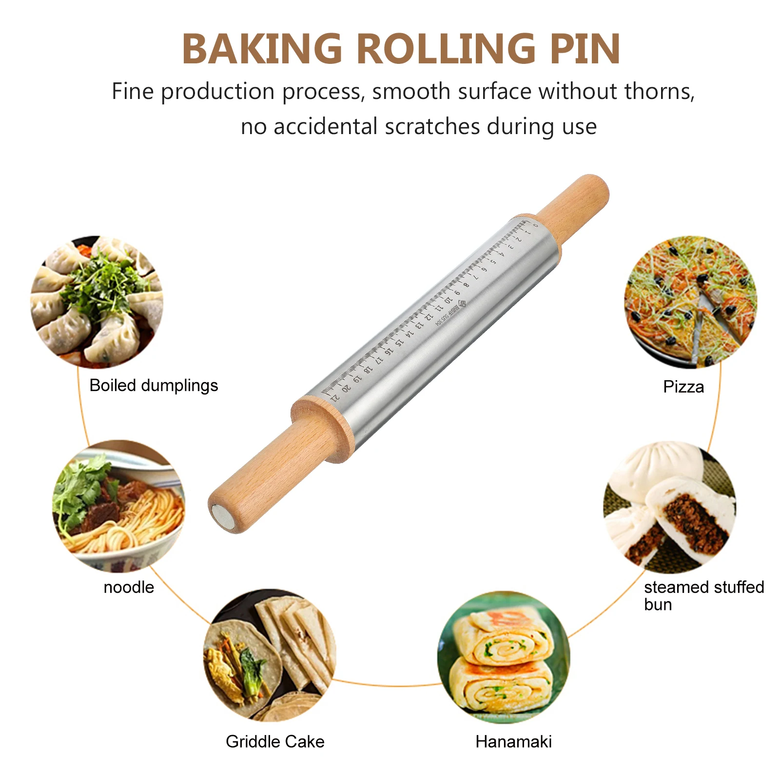 

Stainless Steel Rolling Pin Baking Kitchen Tool Metal Roller Cookie Fondant Dough Pizza Pastry Wood Handle Easy Clean
