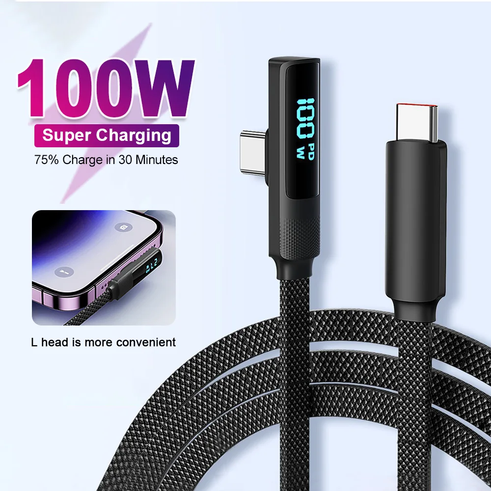 

PD100W Кабель для быстрой зарядки типа C на локоть типа C, кабель с цифровым дисплеем для iPhone 15, 16, iPad Mate 60, Samsung S24, Xiaomi Macbook