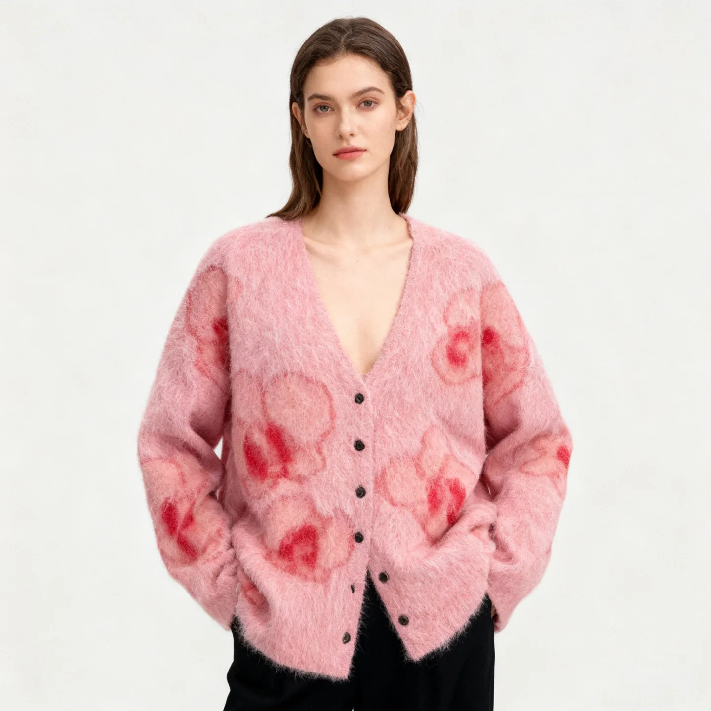 

Pink romantic temperament jacquard V-neck knitted cardigan women's winter 077-1915