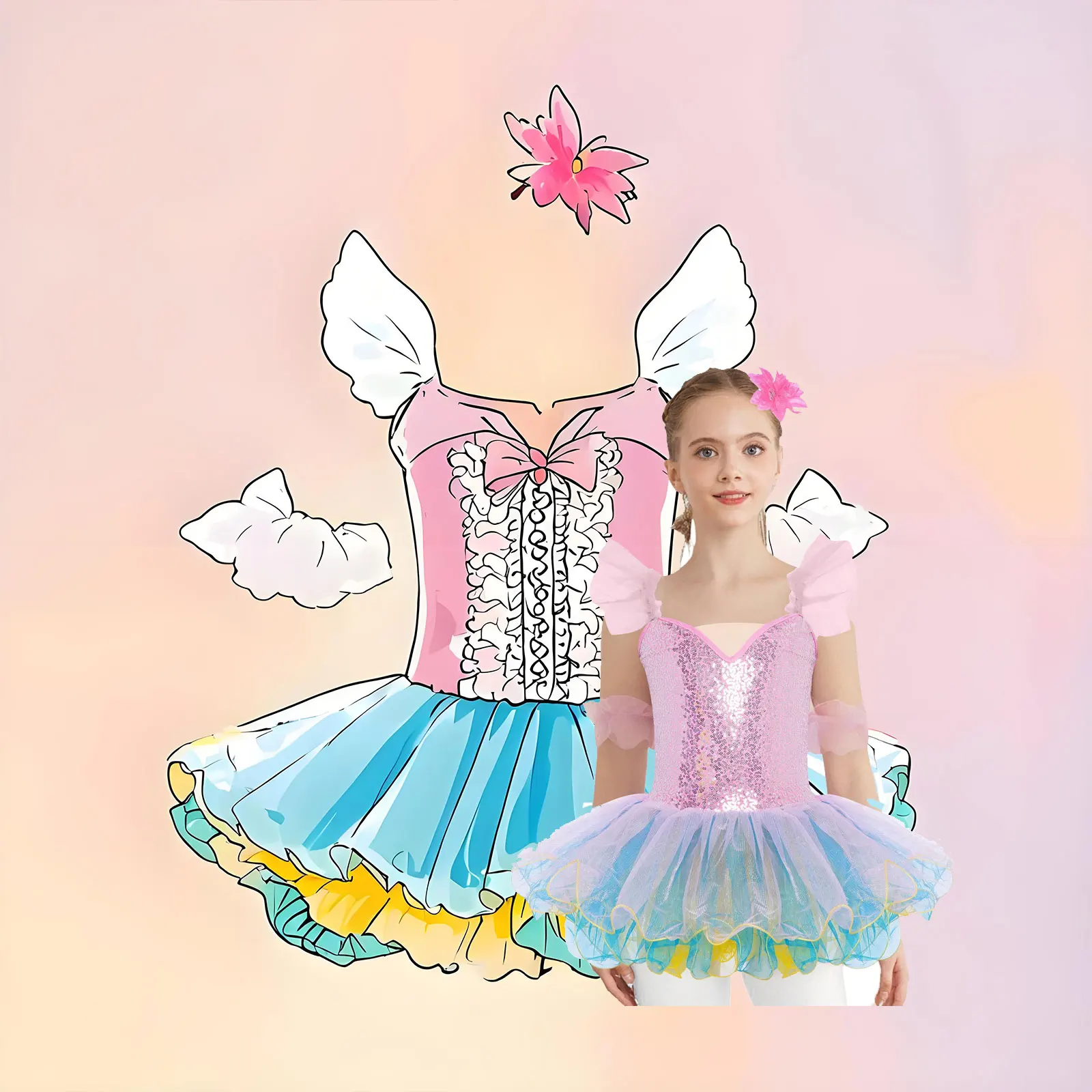 Girls Sequins Bodice Layered Tutu Dress Ballet Dance Performance Dress Ruffled Sleeves Costume Headgear Cuffs Accessories Set