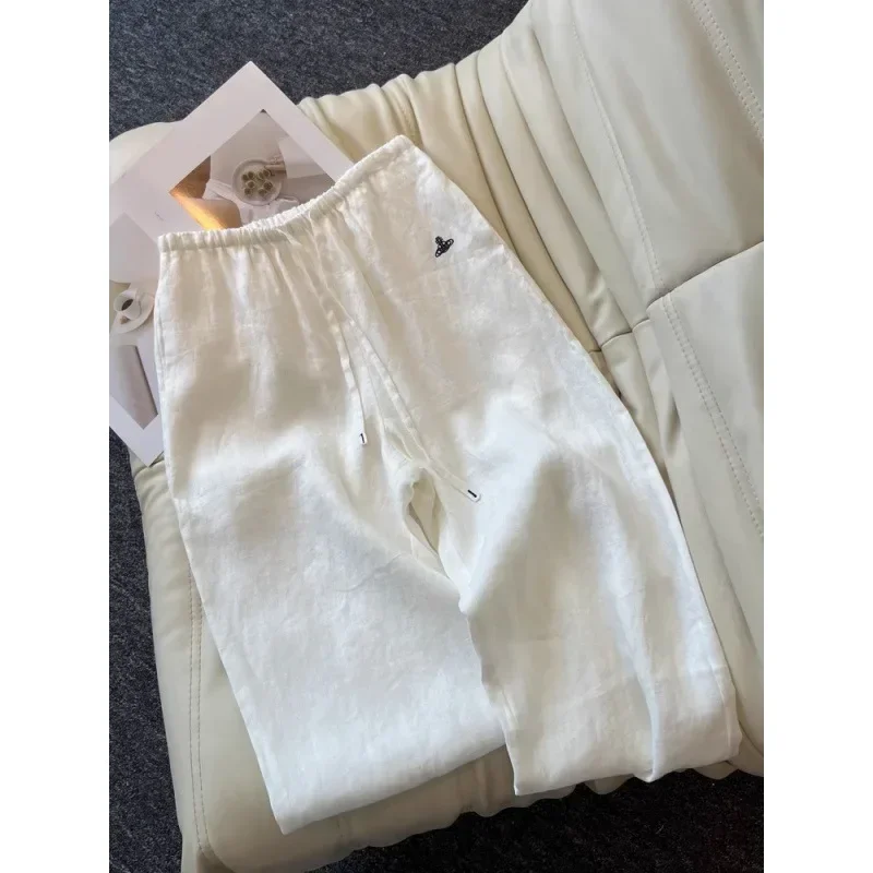 

Pop Design Sensation Wide Leg Pants Linen Material Spring Summer New Arrival White Color Fashionable Trousers For Women