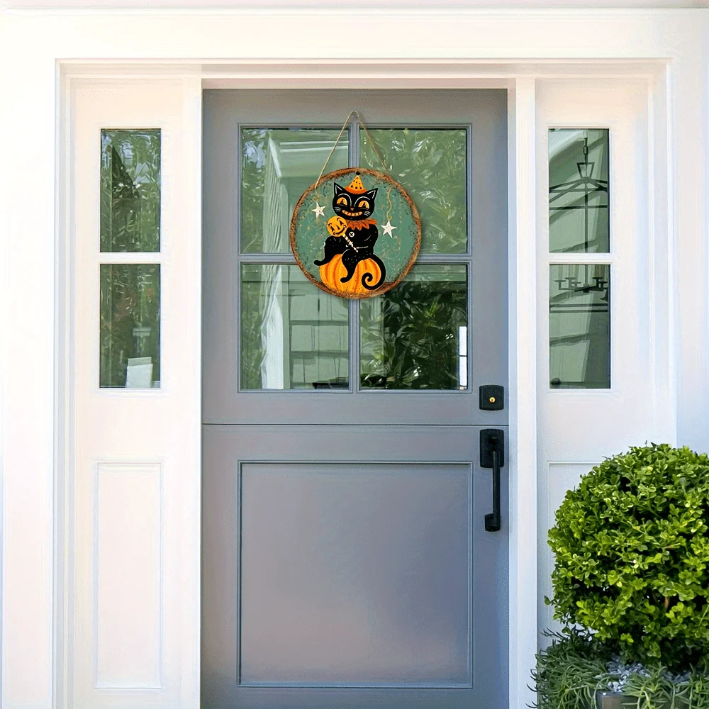 2D Flat, Seasonal Glitter, Vintage Halloween Cat and Pumpkin Wooden Hanging Sign- 8inchx8inch| Perfect for home, kitchen, garden