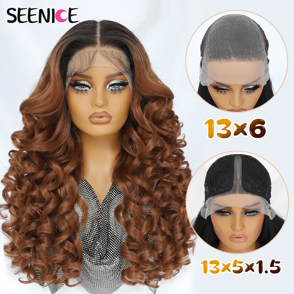 

13x6 Ombre Коричневый Синтетический Парик Фронта Шнурка Свободные Волны HD Парики Фронта Шнурка Предварительно Сорванные Выделите с Детскими Волосами Для Женщин Парик Шнурка