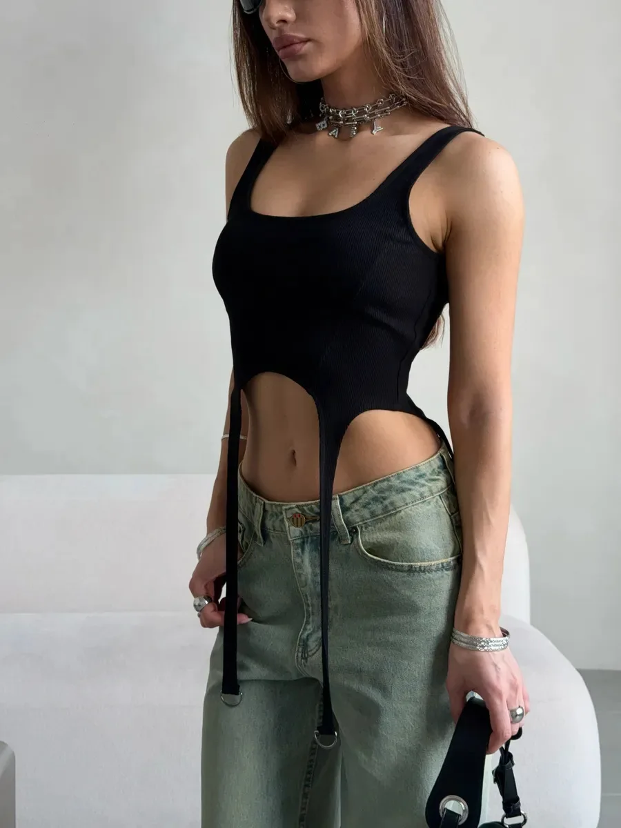 European American 2026 Summer Cross Shaped Ribbed Irregular Vest Women’s Street Sexy Personality Trendy Casual Top