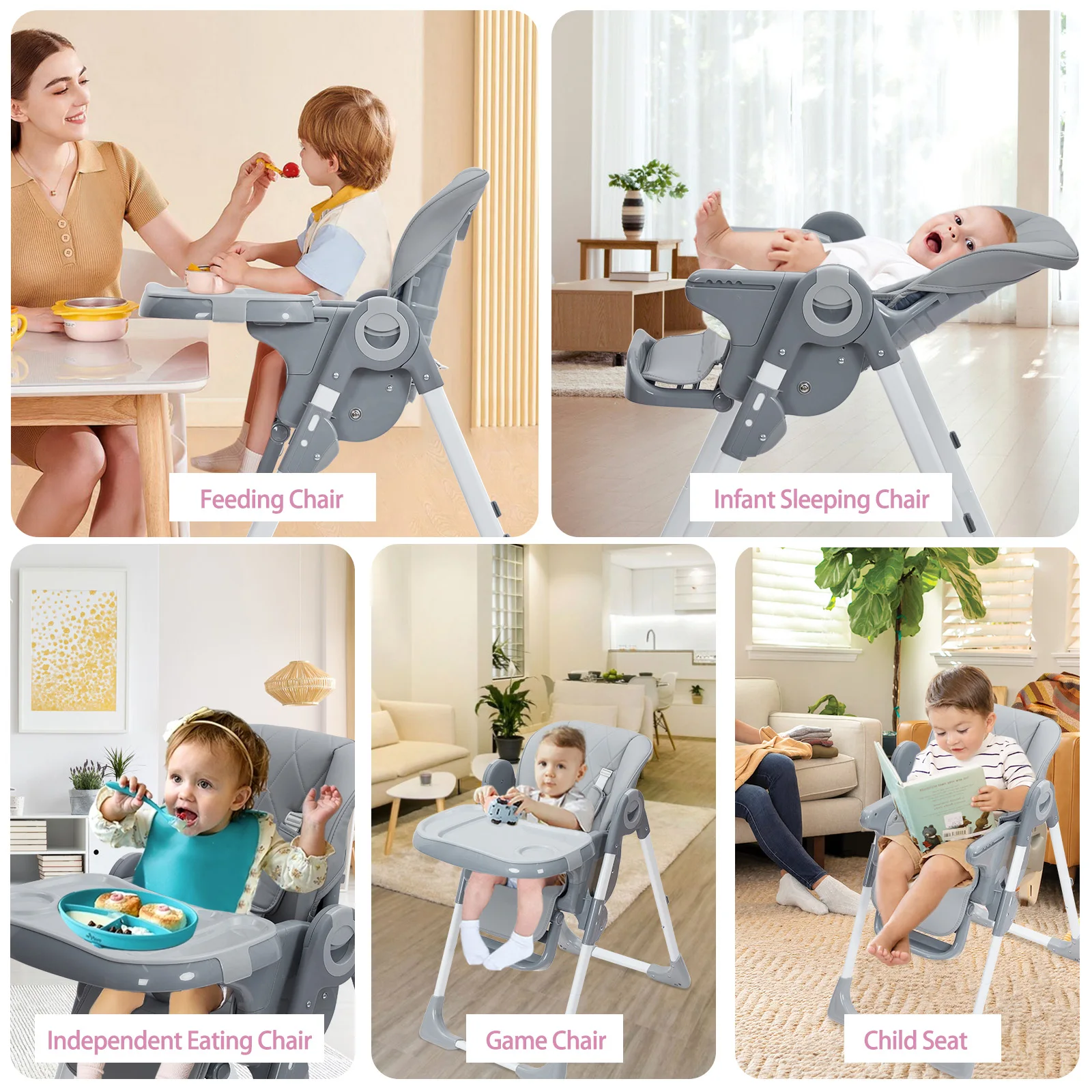 Baby High Chair, Multifunctional Infant High Chairs with Adjustable Height and Recline, Foldable High Chair for Babies