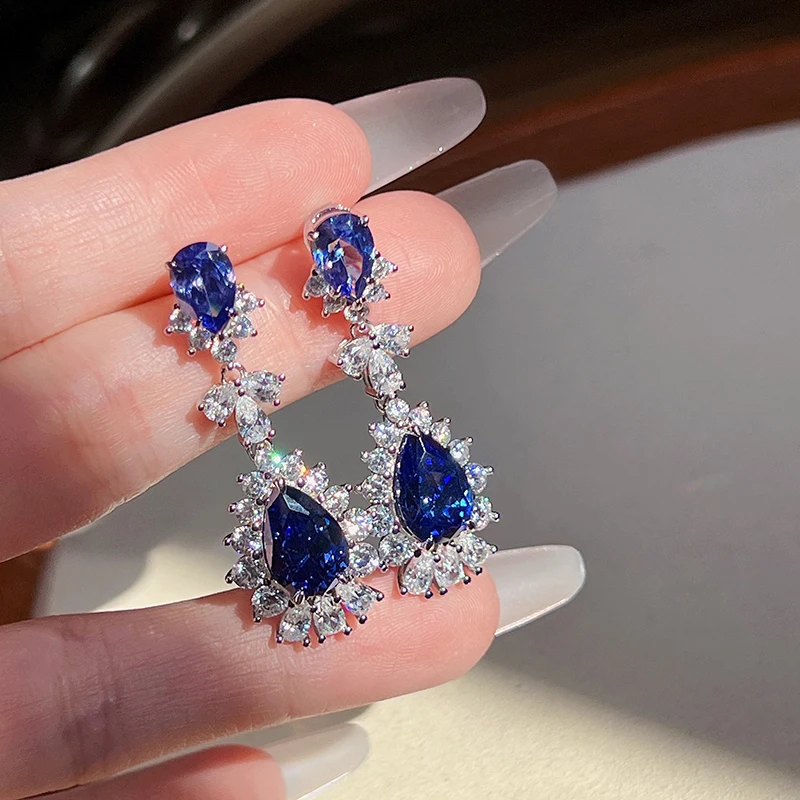 Huitan Luxury Long Hanging Earrings with Blue/White Cubic Zirconia Fashion Waterdrop CZ Charm Wedding Women\'s Earrings Jewelry