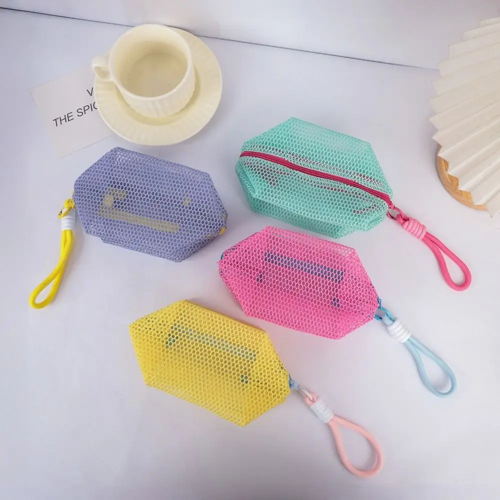 

with Handle Mesh Cosmetic Bag Square Shape Small Capacity Zipper Coin Purse Dopamine Color Multi-Purpose Mini Makeup Pockets