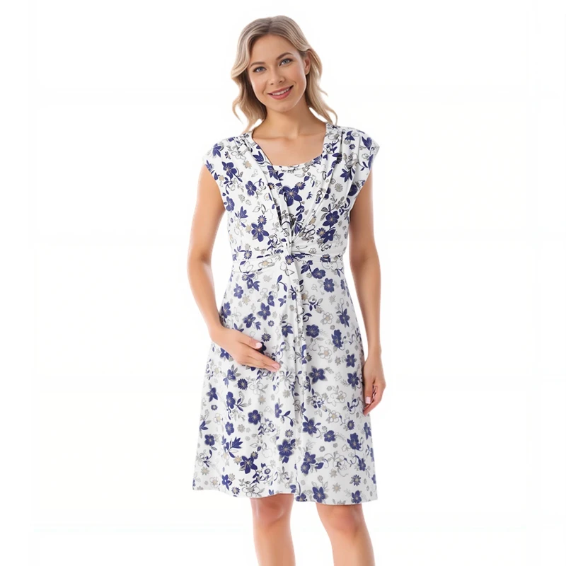 فستان للرضاعة الطبيعية فساتين فستان حمل طباعة ألف خط بلا أكمام فساتين بطول الركبة للنساء الحوامل الصيف #6