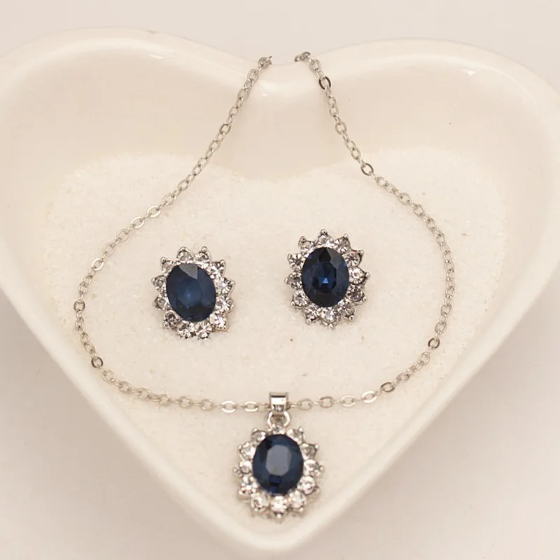 Luxury Jewelry Set for Girlfriend and Mother Blue Zircon Crysta Necklace Earrings Ring Sets Bridal Accessories Three Piece Gifts