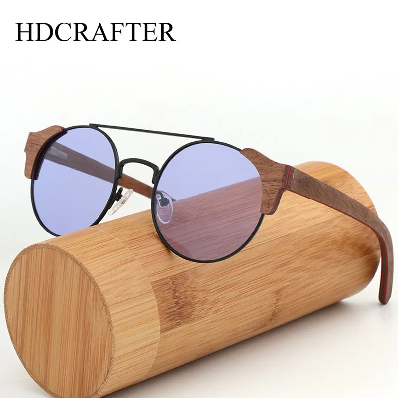 HDCRAFTER Brand Wooden Sunglasses For Men Women UV400 Mirror Lens Optical Eyewear Round Frame Handmade Driving Sun Glasses