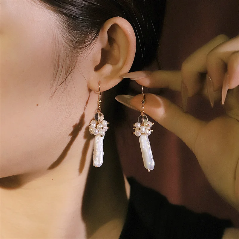Baroque Pearl Drop Earrings Women Clear Transparent Glass Bead Hook Earrings Handmade Irregular Pearl Long Dangle Ear Ornaments