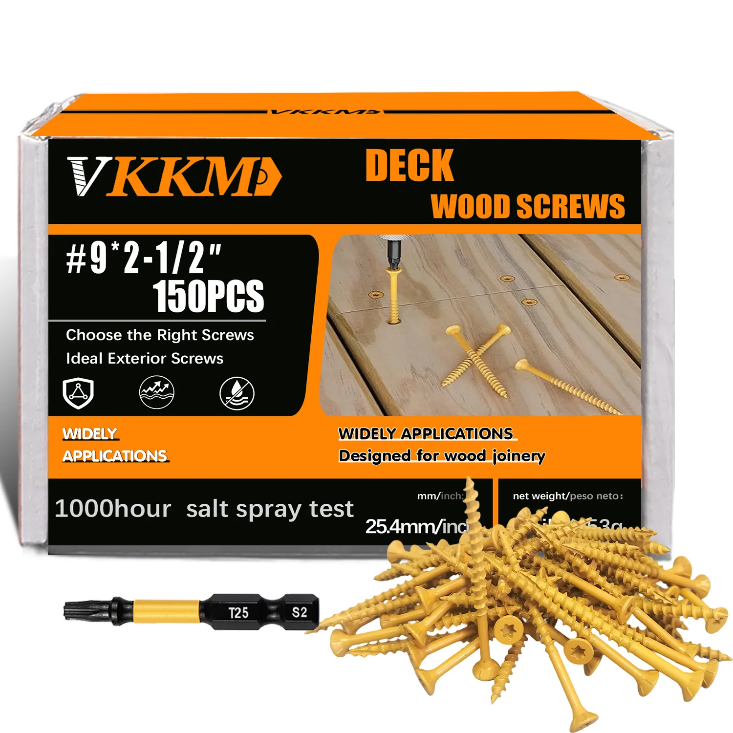 

VKKM 2-1/2-дюймовые винты для палубы, шурупы по дереву # 9*2-1/2,150 шт., антикоррозийное покрытие из эпоксидной смолы, включая привод Torx T25, желтый.