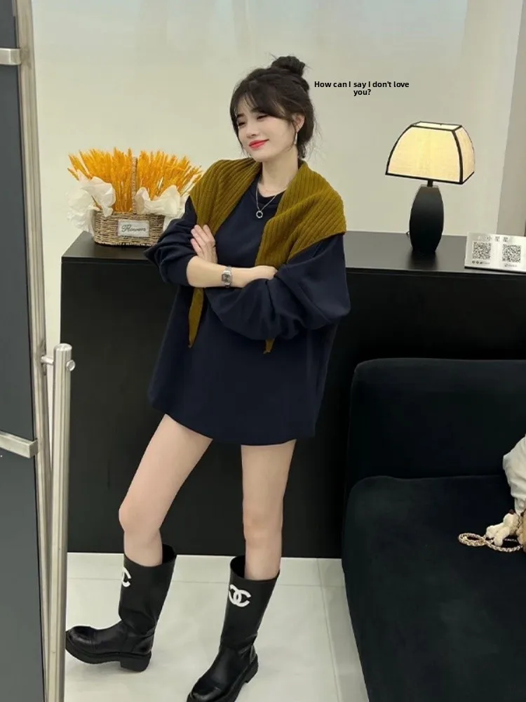 เสื้อสเวตเชิ้ตดีไซน์เกาหลี แขนยาว ผู้หญิง ฤดูใบไม้ร่วง ฤดูหนาว ทรงหลวม สไตล์ลำลอง ชุดสองชิ้น เสื้อเปิดไหล่