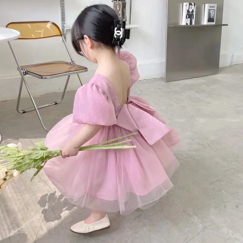 Girl's Princess Dress2025Korean Version Summer New Children's Elegant Black Dress with Puff Sleeves and Flared Hem
