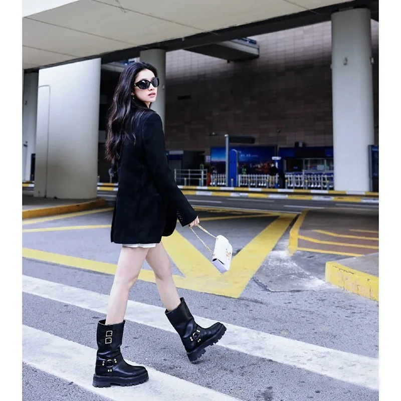 Fried street small ankle boots women's Martens 2024 summer/fall new buckled knight boots platform Western boots