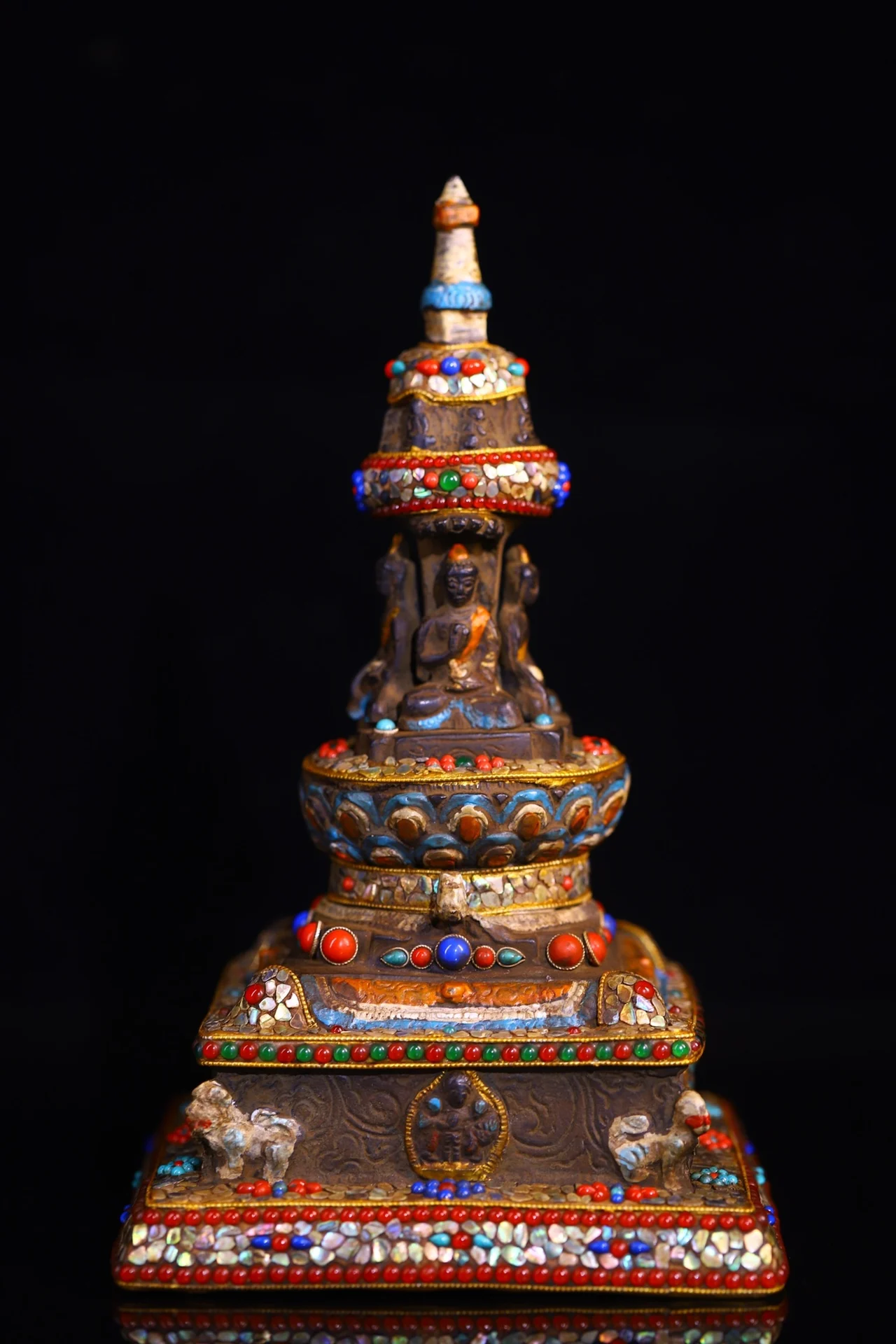 

11"Tibetan Temple Collection Old Bronze Mosaic Gem Shell Painted Four sided Buddha Sakyamuni Buddha Pagoda Stupa Worship Hall