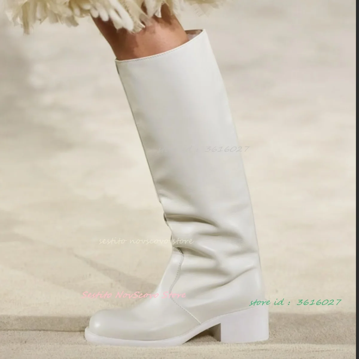 Botas hasta la rodilla de cuero Pu con punta redonda blanca, botines de caballero clásicos de costura con tacones bajos, zapatos informales sexys para fiesta diaria para mujer