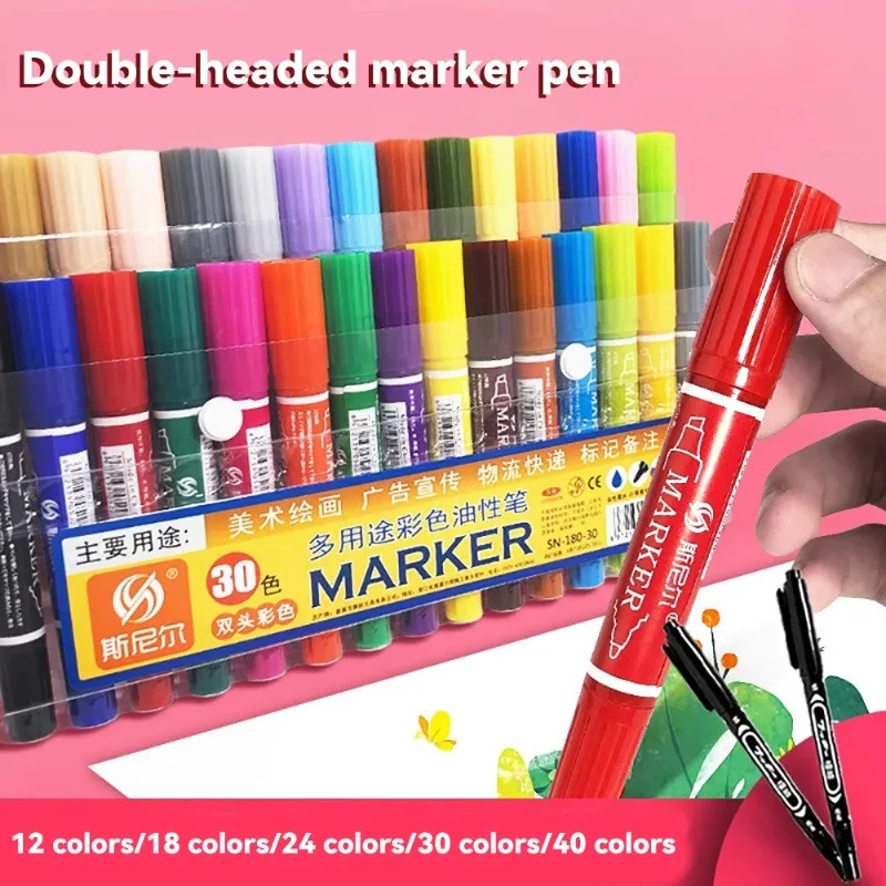 12/18/24/30/40 Colors Double-head Marker Pen Kit 2mm 4mm Tip Colored Oil Watercolor Pens Waterproof Painting Graffiti Markers