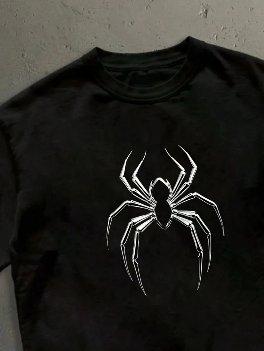 Men's Black Standard Size Cropped Loose Fit Short Sleeve T-Shirt, Cool Spider Print Contrast Color T-Shirt, Suitable For Street Photography And Daily Social Outings