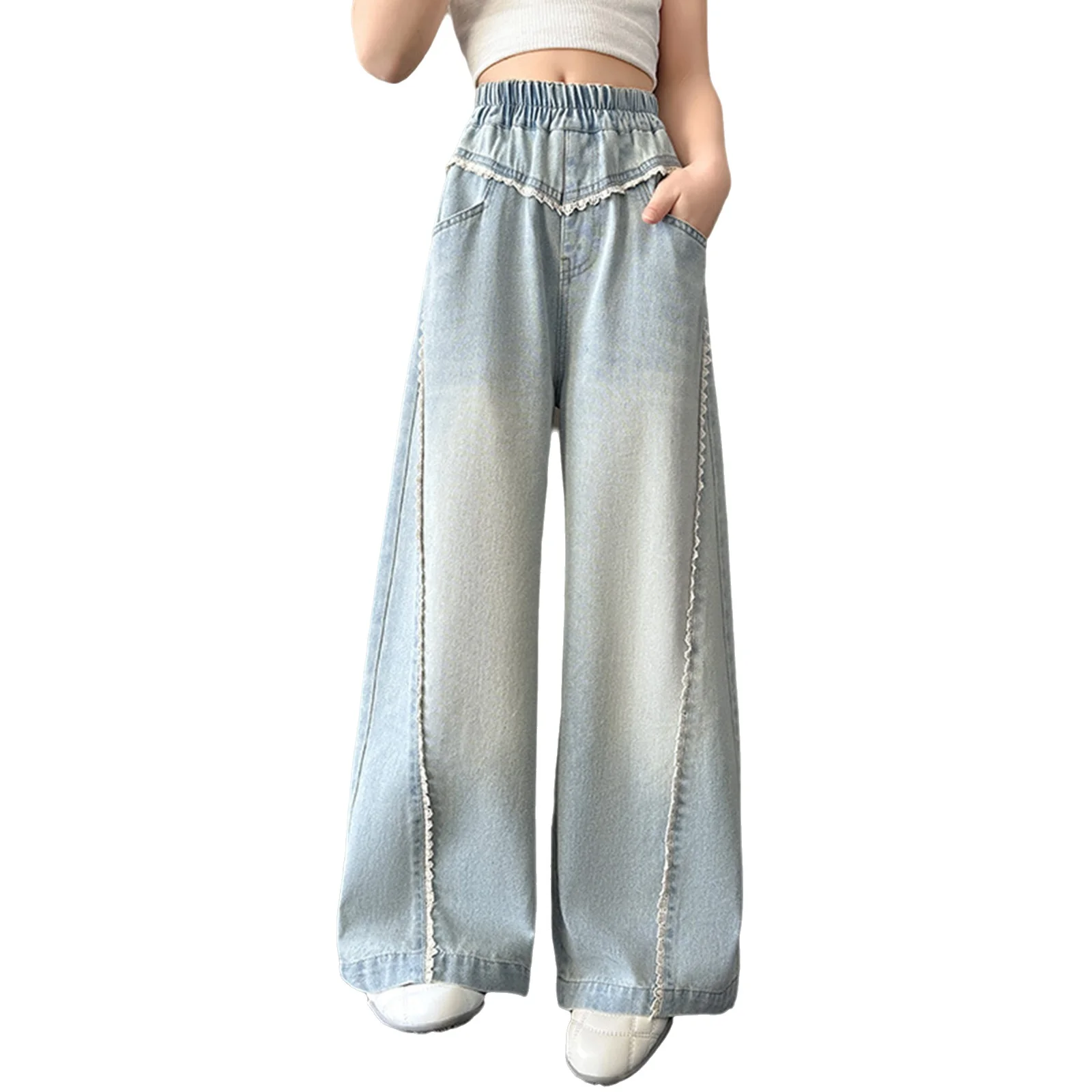 

Kids Girls Lace Trim Baggy Jeans Casual High Waist Wide-Leg Denim Pants Birthday Party Vacation Travel Picnic Daily Commute Set