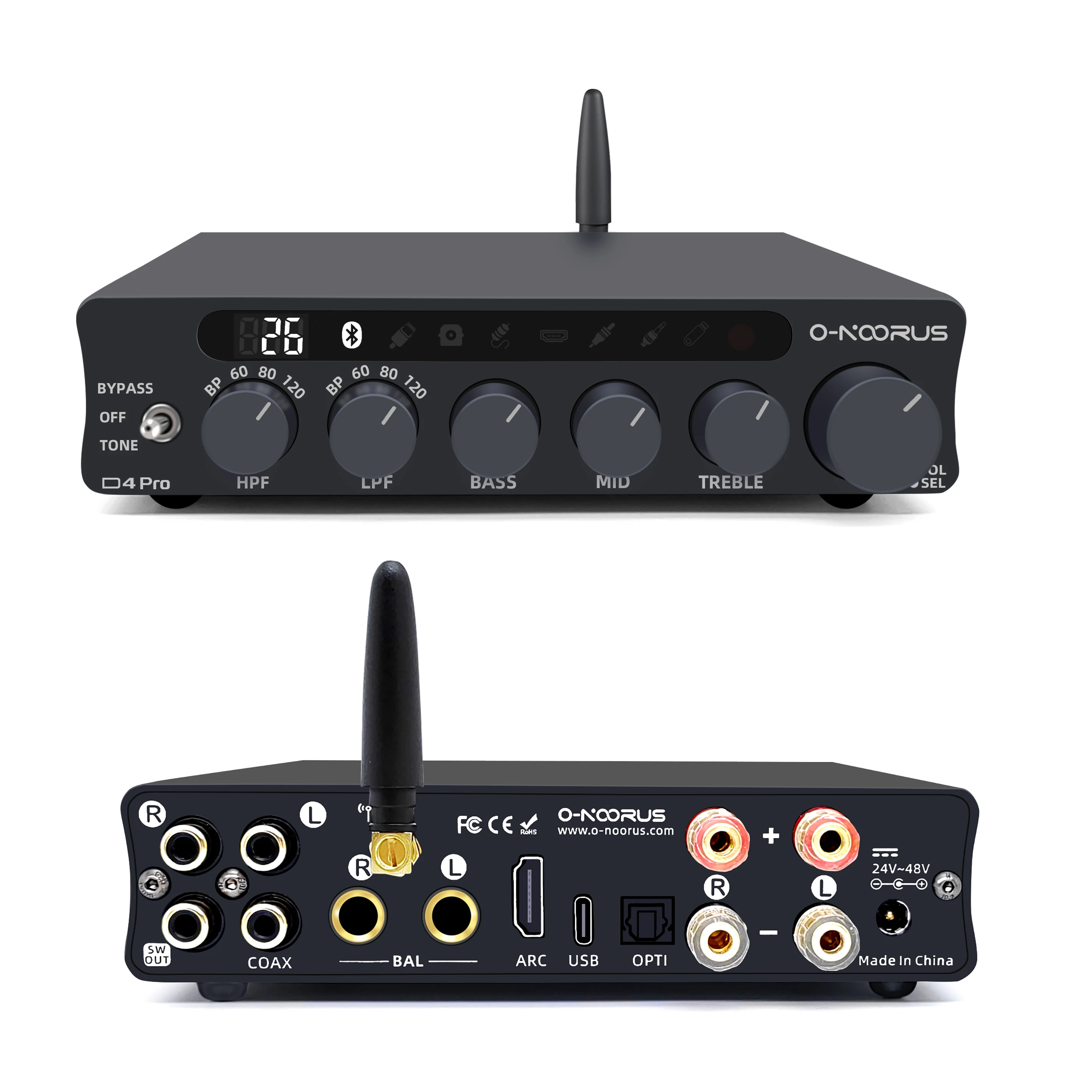 O-NOORUS D4 Series TPA3255 PFFB Stereo Balance Bluetooth HDMI ARC USB Optical Amplifier 300Wx2 with Treble Mid Bass Tone AMP