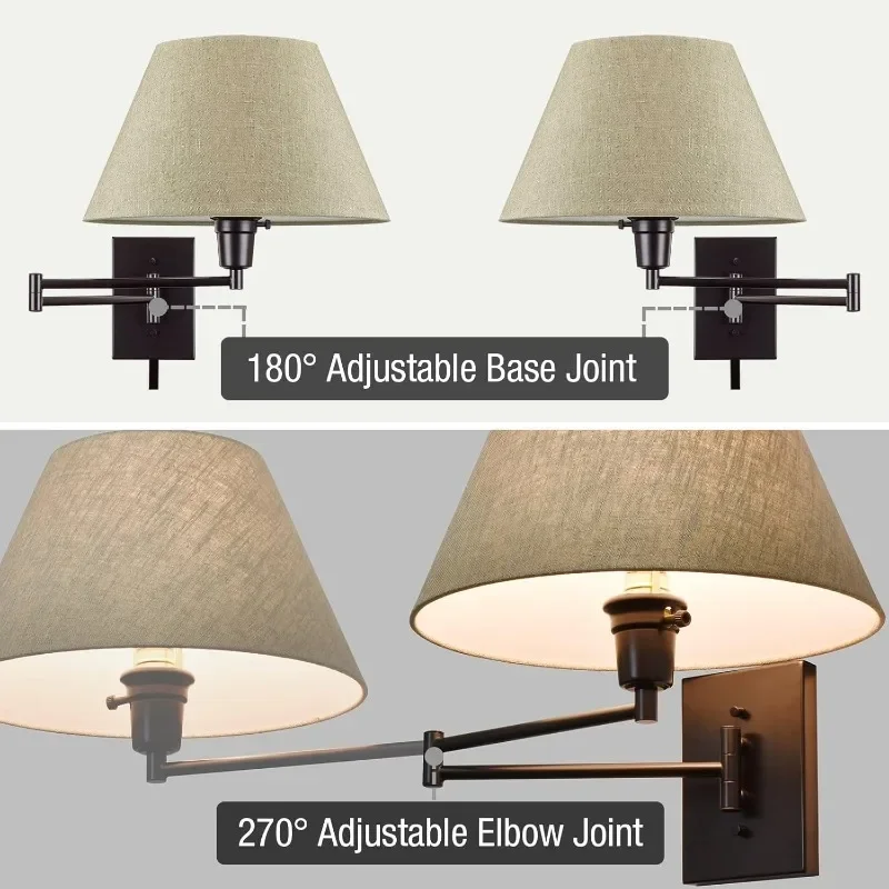 Cambridge 15" Swing Arm Wall Lamp - Plug in/Wall Mount + Latte Mocha Fabric Shade, 150W 3-Way + Cord Covers, Black Finish