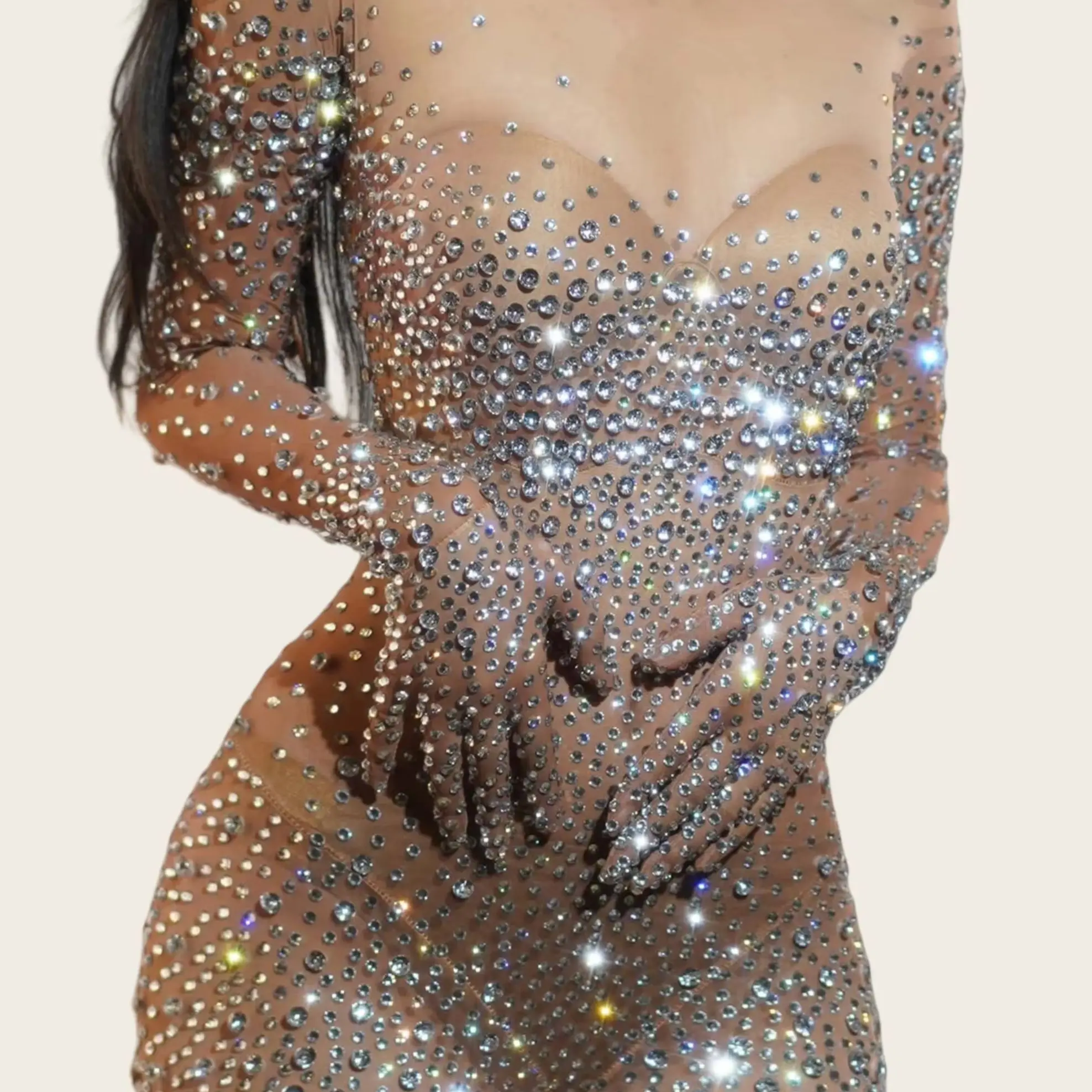 

Tiaotiaotang Mesh Rhinestones Halloween Jumpsuit Women Sexy Elasticity See Through Performance Costume Nightclub Stage Wear