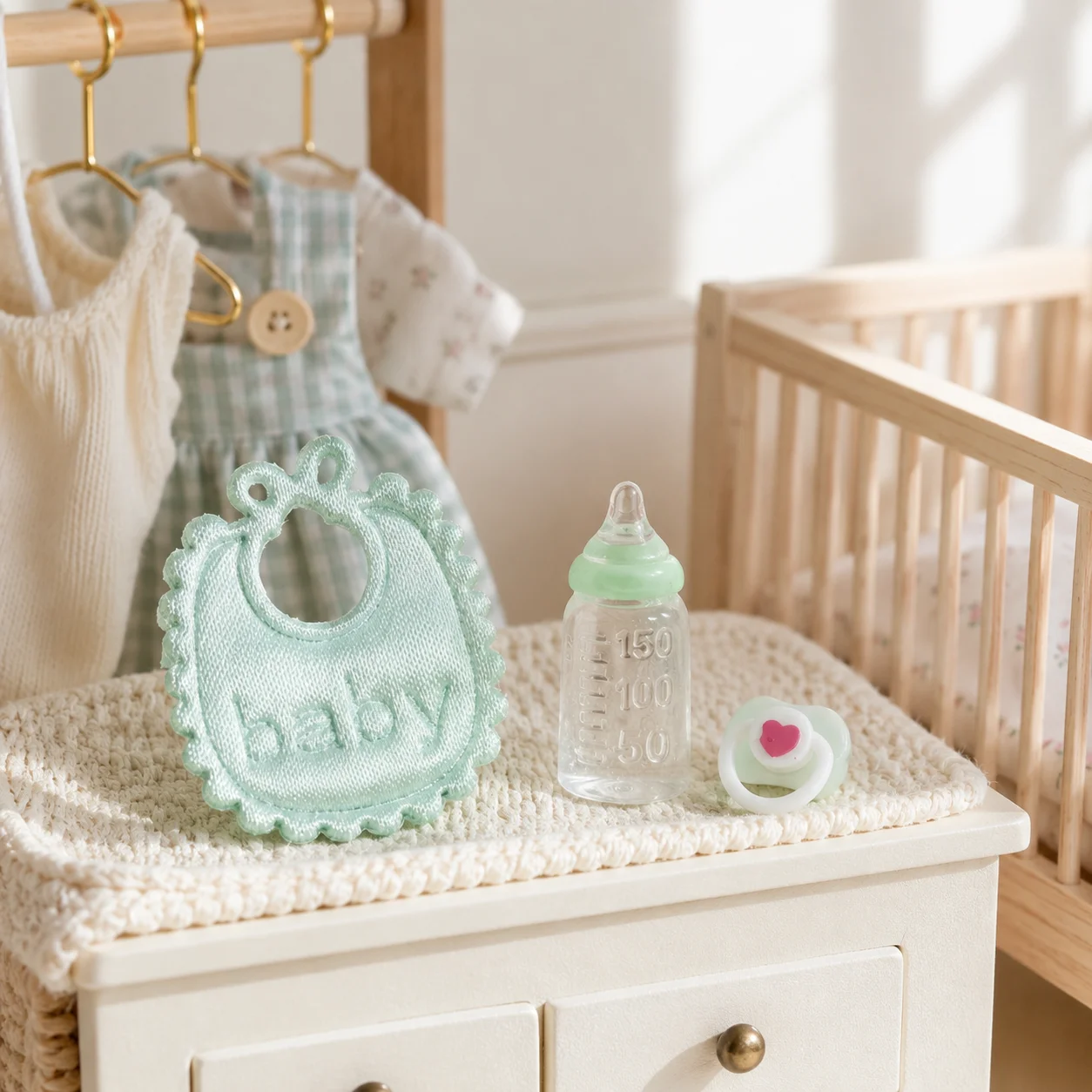 `Miniature Doll Baby Accessory Set 3‑Pcs Embroidered Bib Clear Bottle Pacifier for 1/12 Dollhouse Nursery Diorama Scene Decor`