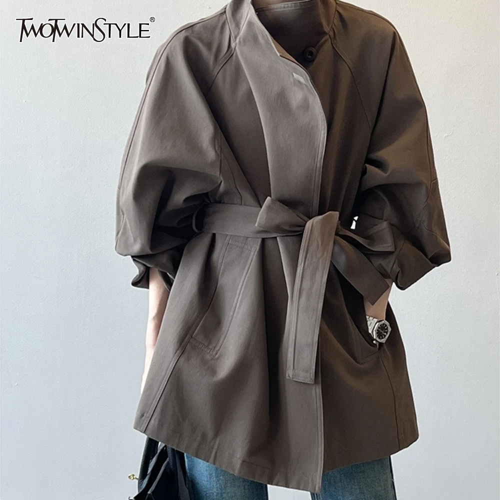 

TWOTWINSTYLE Solid Spliced Lace Up Basics Trench Female Stand Collar Long Sleeve Streetwear Women's Trenchs Autumn Fashion New