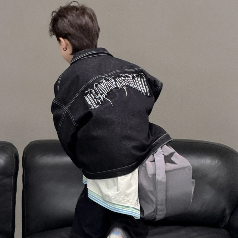 Boys' Suit 2026 Spring and Autumn New Children's Clothes Boys and Girls Fashion Letter Edge Denim Jacket Pants Two Sets