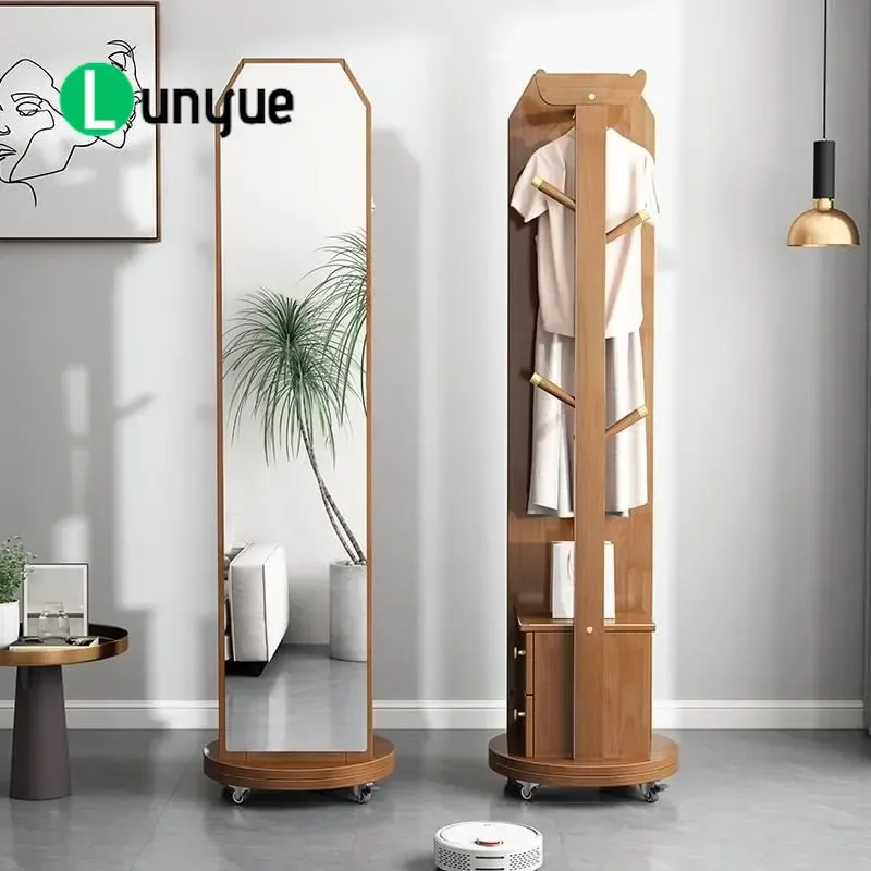 Full Length Floor Mirror with Drawers Solid Wood Coat Rack Rotatable Light Luxury Bedroom Fitting Cabinet Household Storage