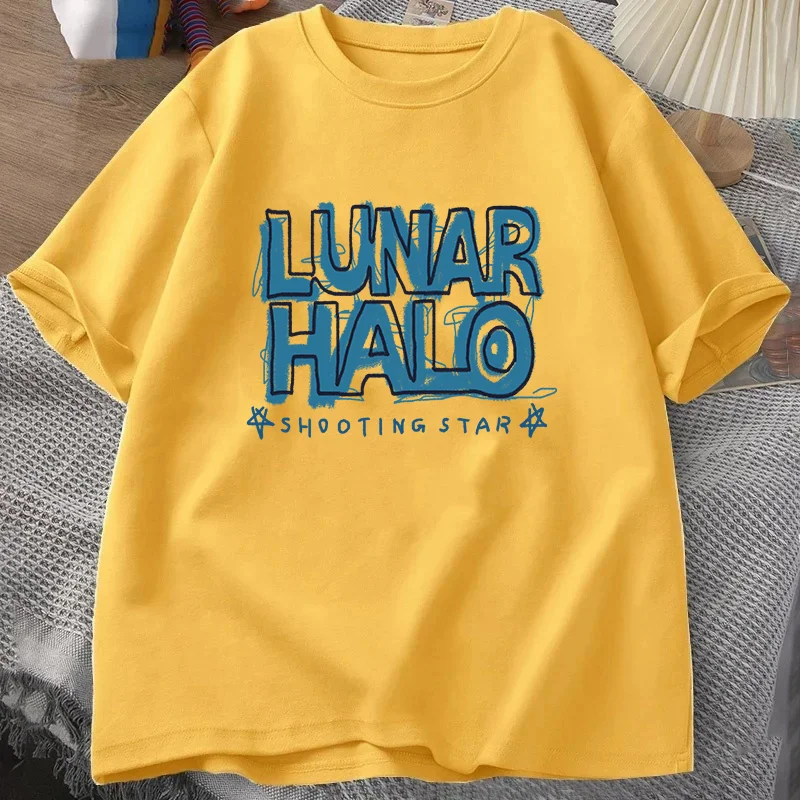 LUNAR HALO Letter Printed T-Shirt Summer Men's Cotton Clothes Round Neck Short Sleeve Top Fashion Street Clothing Brand Clothing